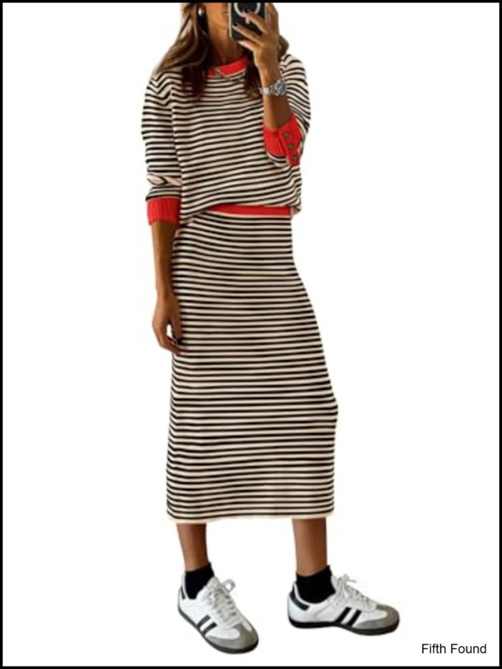 Women 2 Piece Striped Sweater Skirt Set Knit Midi Matching Outfit
